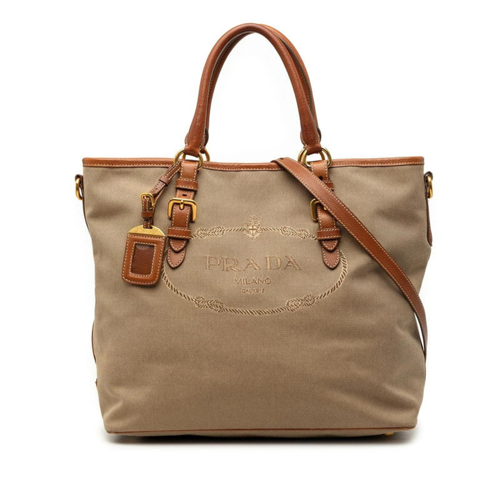 Prada Jacquard Tote Bag Shoulder Beige Cream Brown Canvas Leather